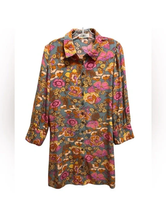 Natural Life Twiggy Vibrant Floral Button-Up Tunic Shirt Dress Pink & Mustard - Picture 13 of 14